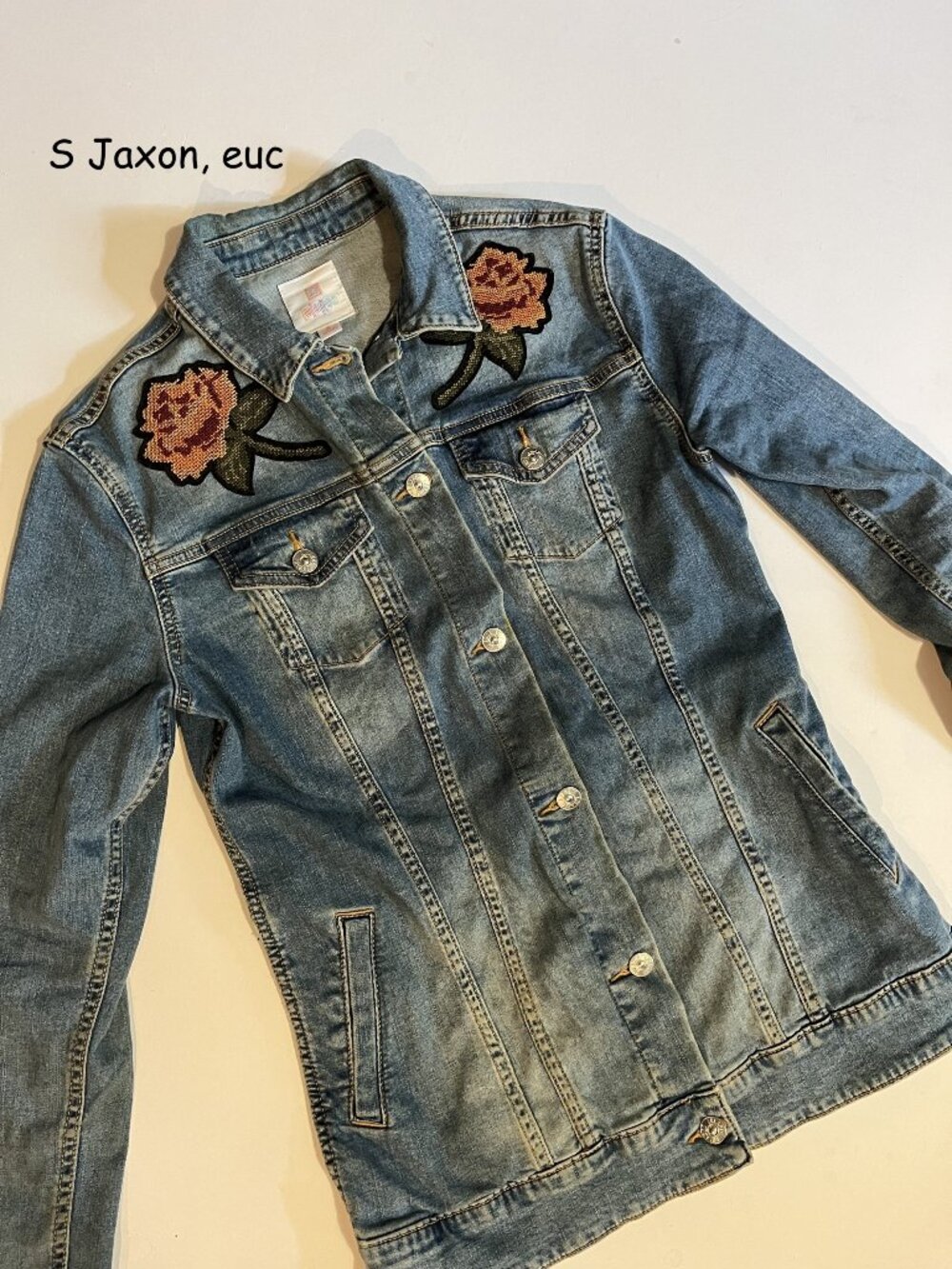 Small Lularoe Jaxon long jean jacket, blue with yellow-orange embroidered roses